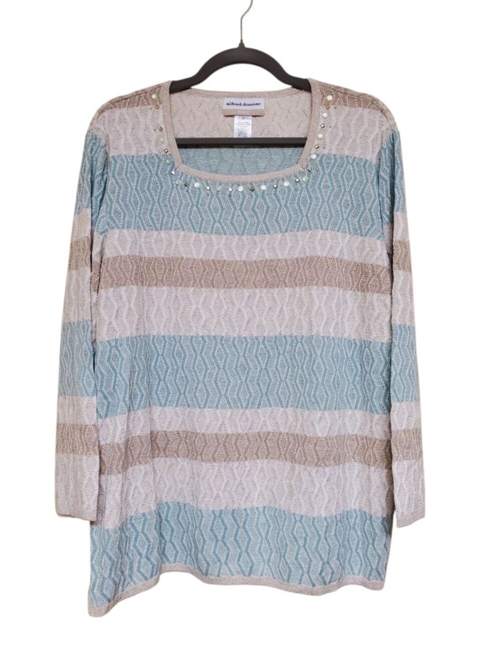 Alfred Dunner Woman's Pastel Stripe Textured Gem Square Neck Knit Top Plus 1X